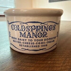Blue Stenciled Dairy Crock Coldsprings Manor Established 1888 - Vintage USA Made